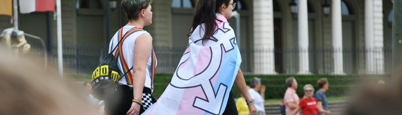 Zwei Personen von hinten, eine trägt eine trans*Flagge über den Schultern