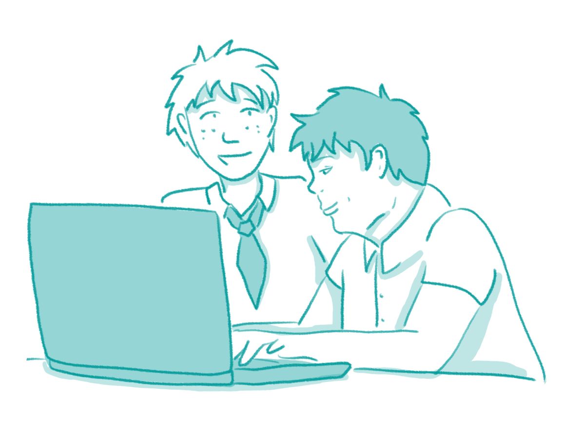 Illustration: zwei junge Menschen sitzen vor einem Laptop, einer von beiden hat das Downsyndrom