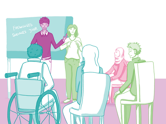 Zeichnung eines Seminarraums mit einer Grupper junger Leute vor einer Tafel: ein schwarzer junge trägt vor, eine Gebärdendolmetscherin übersetzt und eine Person im Rollstuhl, eine Muslima und zwei weitere Personen hören zu. 